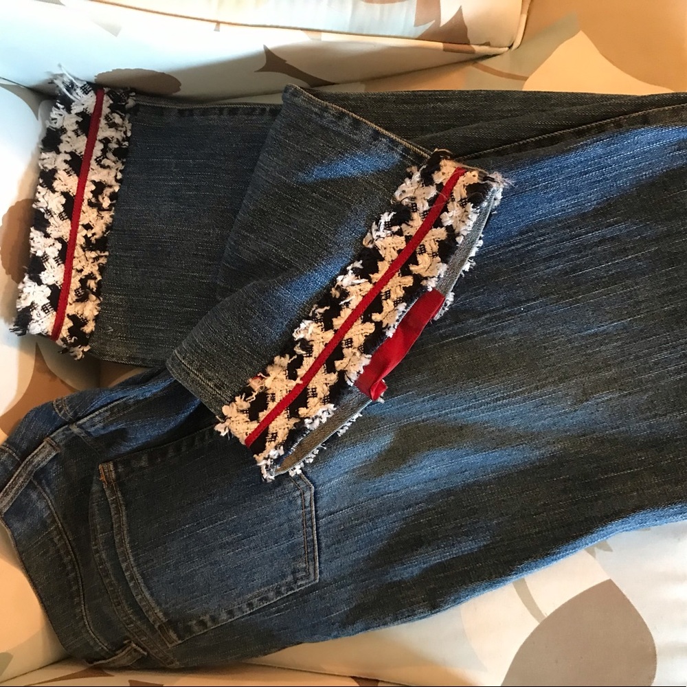 Custom tailored JEANS with tweed hem & grosgrain ribbon accents; Size 14